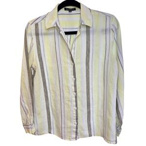 Velvet Heart 100% Linen Button-Up Shirt Sz S Women White Yellow Gray Roll Tab